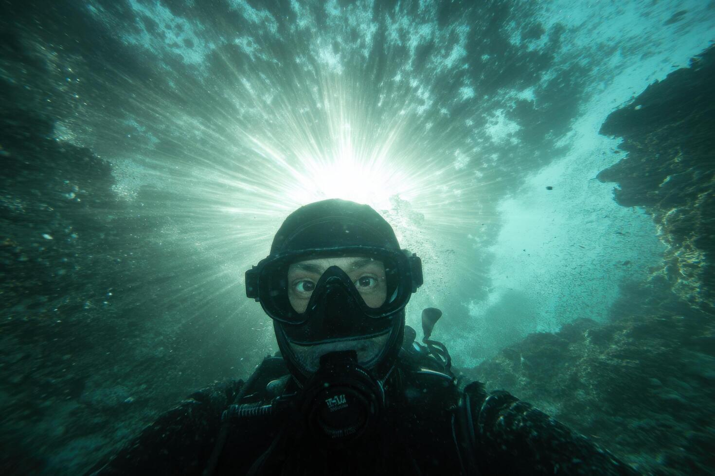 An Underwater Adventure Scuba Diving into a Sunlit Ocean Cave. Explore the depths, discover marine life, and experience the thrill photo