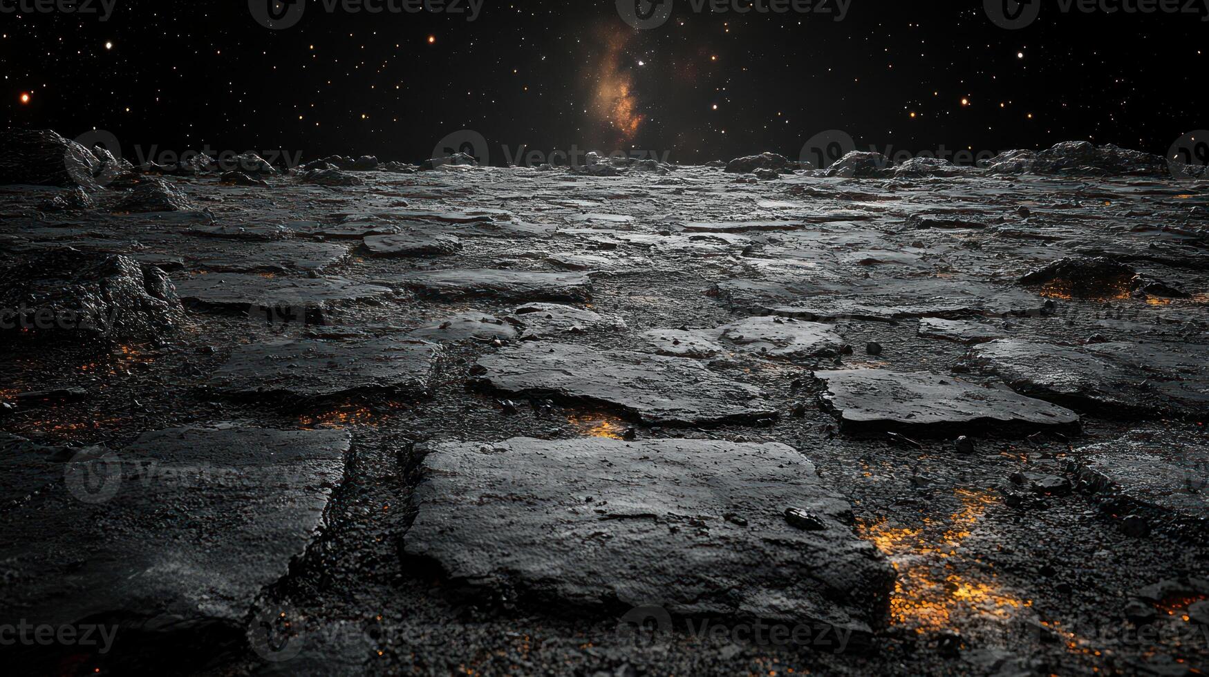Mysterious rocky terrain illuminated by distant starry sky at twilight photo