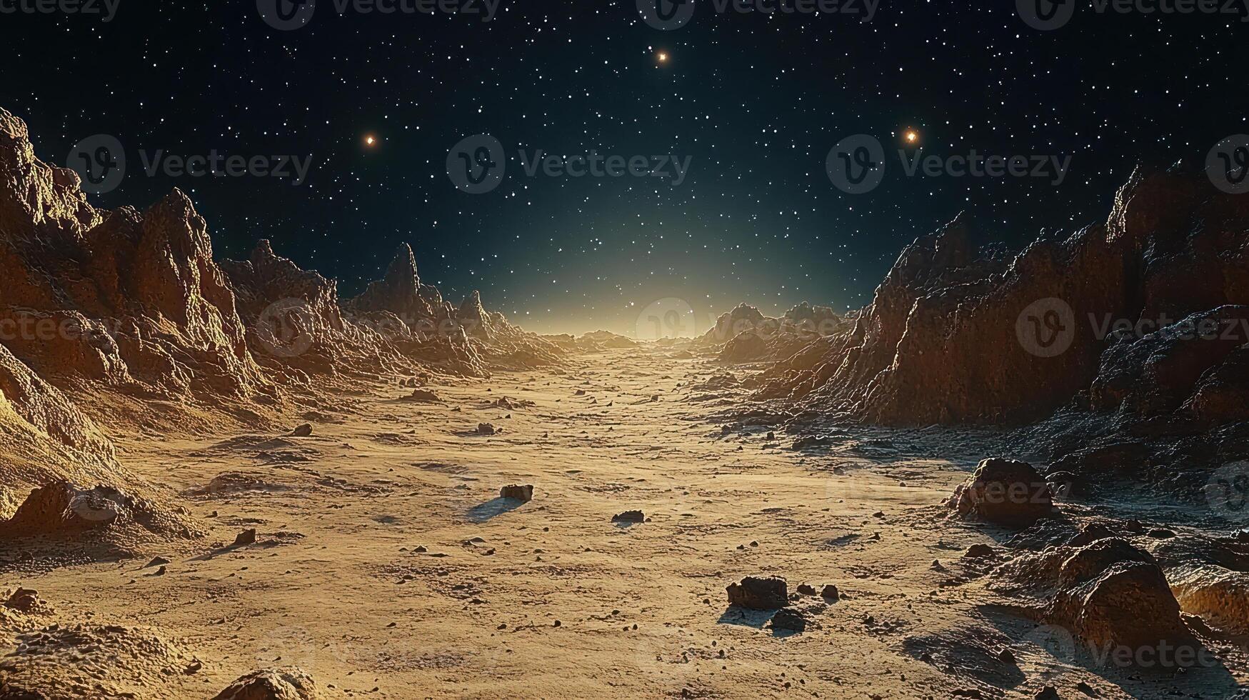 Mysterious alien landscape illuminated by distant stars showcasing rugged terrain photo