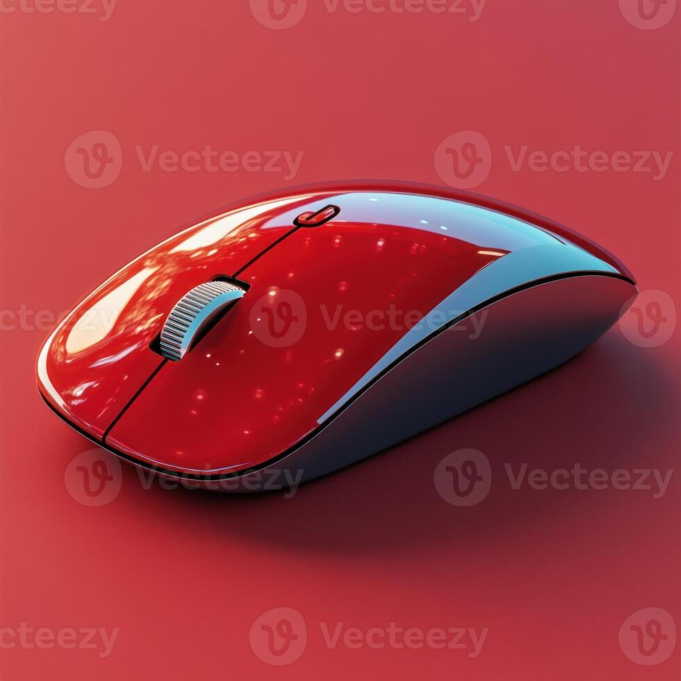 Bright red computer mouse resting on a vibrant background for tech enthusiasts photo