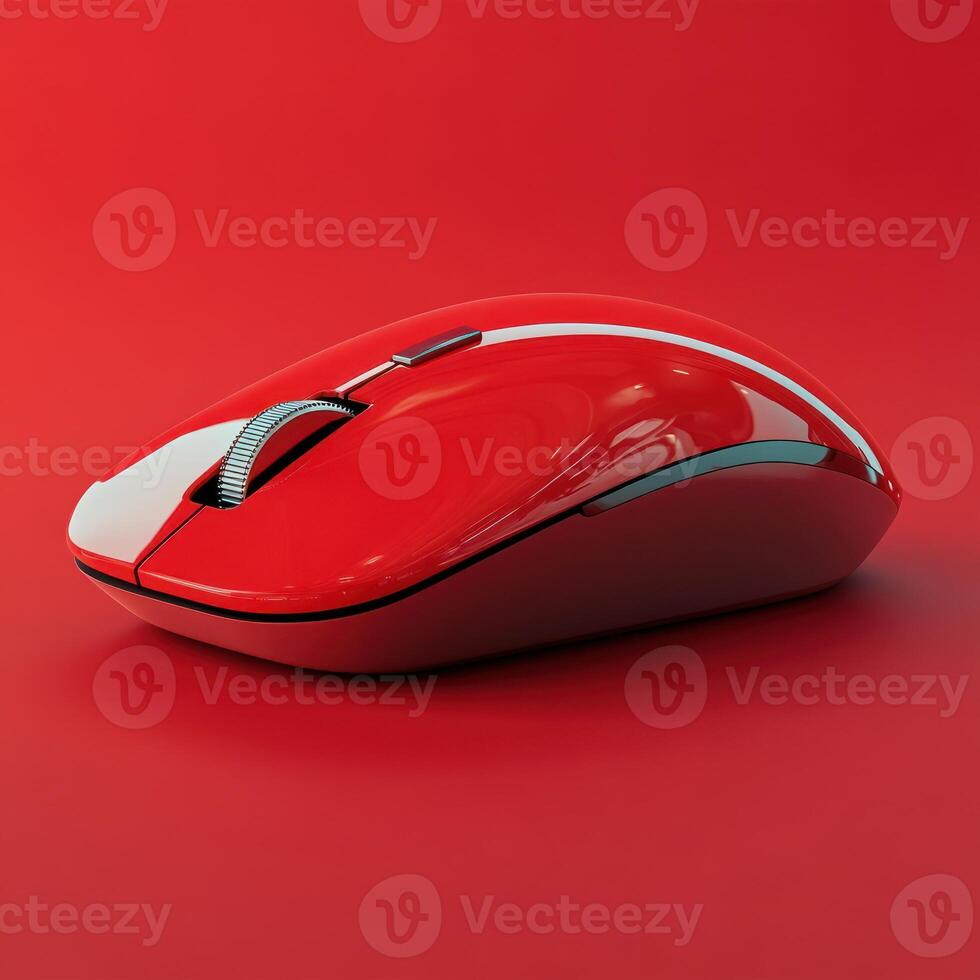 Vibrant red computer mouse resting on a smooth red surface with sleek design photo
