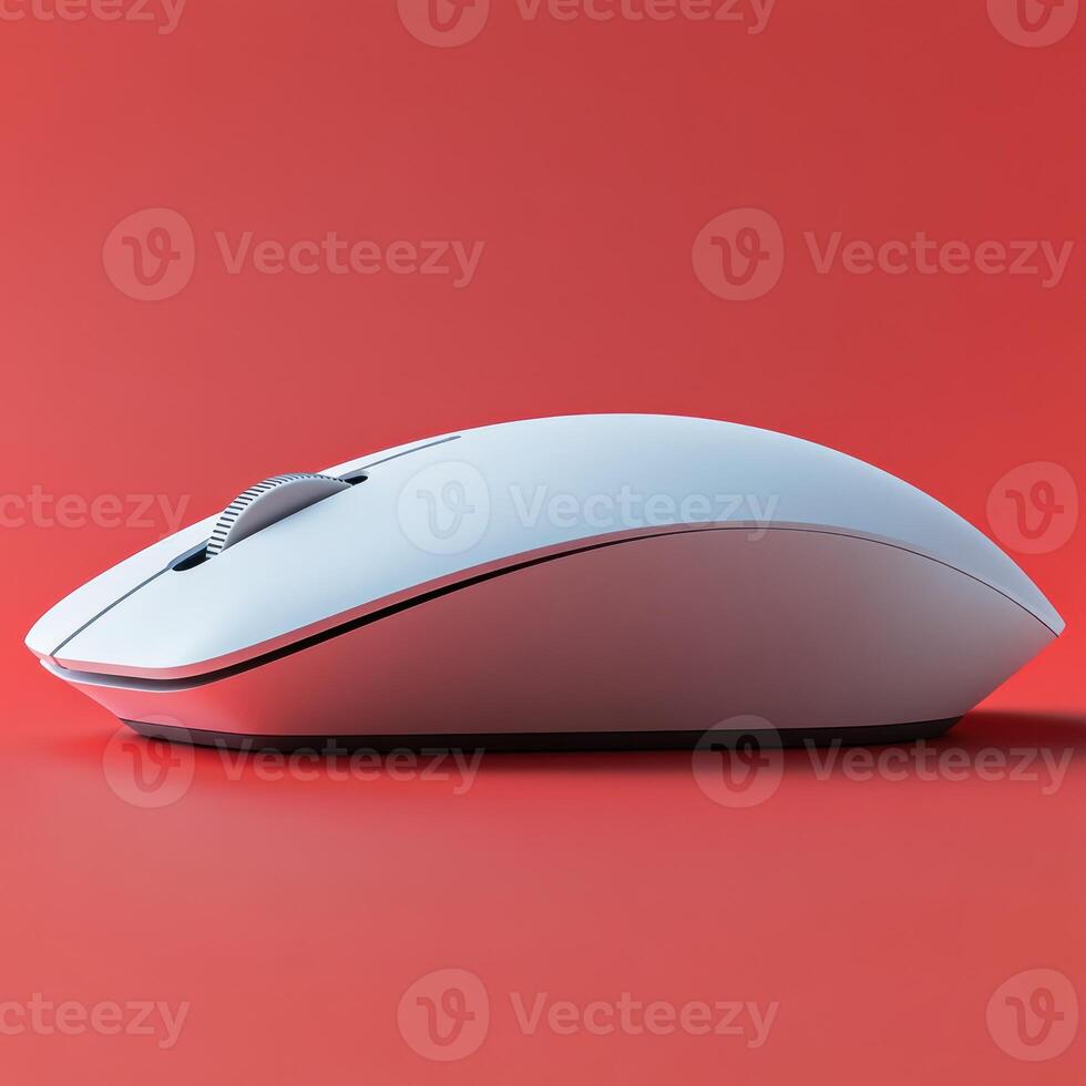 Sleek white computer mouse on vibrant red backdrop highlights modern technology design photo