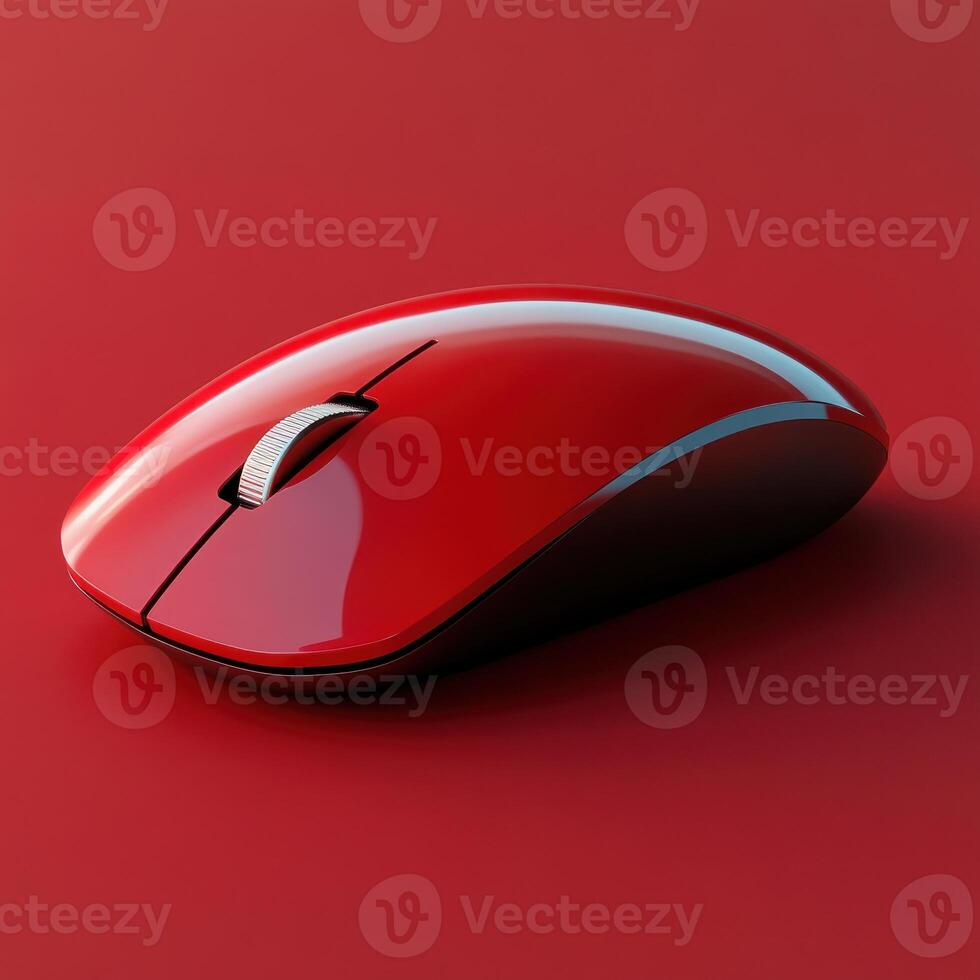 Shiny red computer mouse resting on a vibrant red surface photo