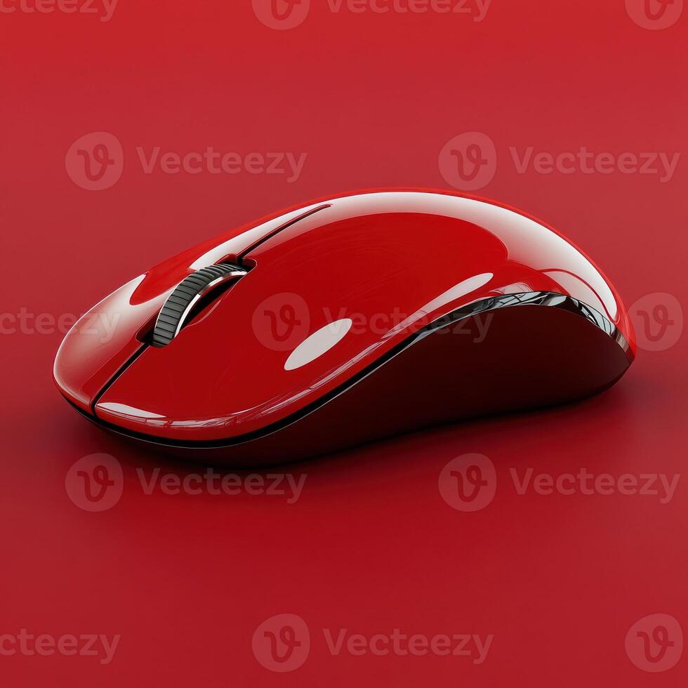 Bright red computer mouse resting on a vivid red surface in a modern workspace photo
