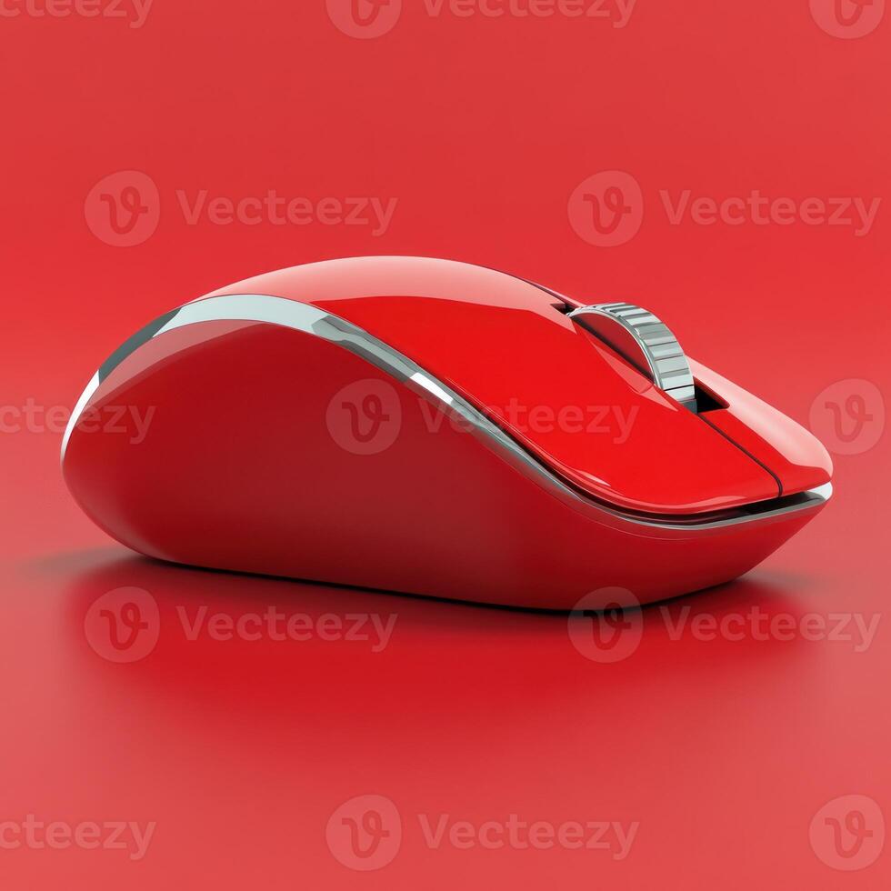 Modern red computer mouse showcasing sleek design against bold backdrop photo
