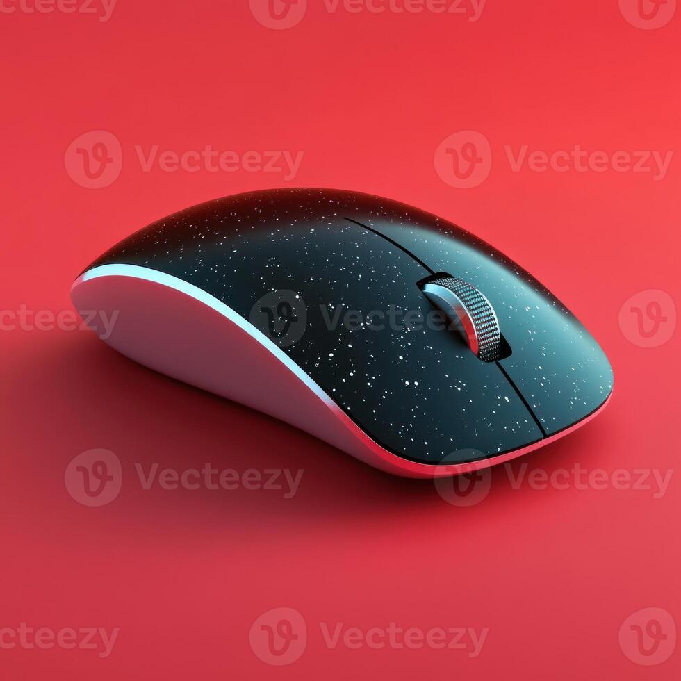Wireless mouse rests elegantly on vibrant red background with starry design photo