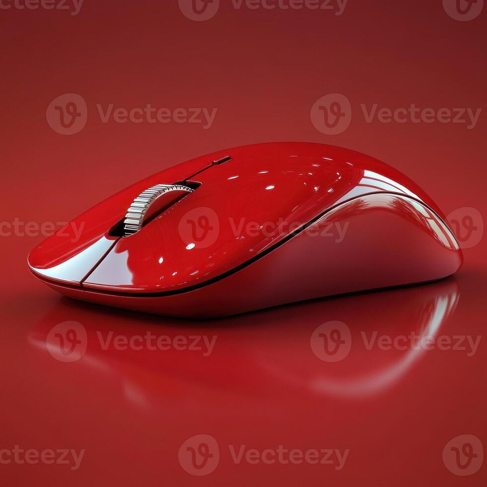 Elegant red computer mouse resting on a bright red surface, showcasing sleek modern design photo