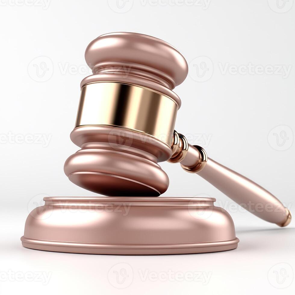 Elegant gavel striking a sound block in a modern legal setting with a golden touch photo