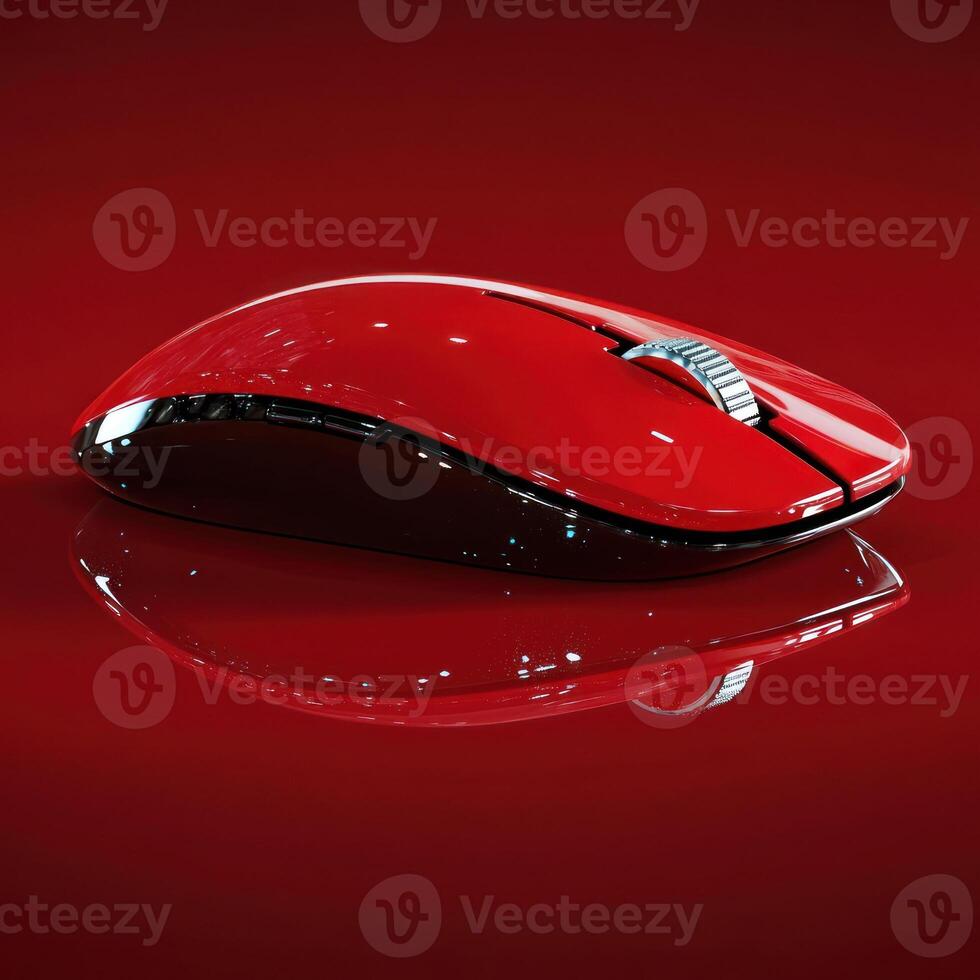 Stylish red wireless mouse resting on a reflective surface with a sleek design photo
