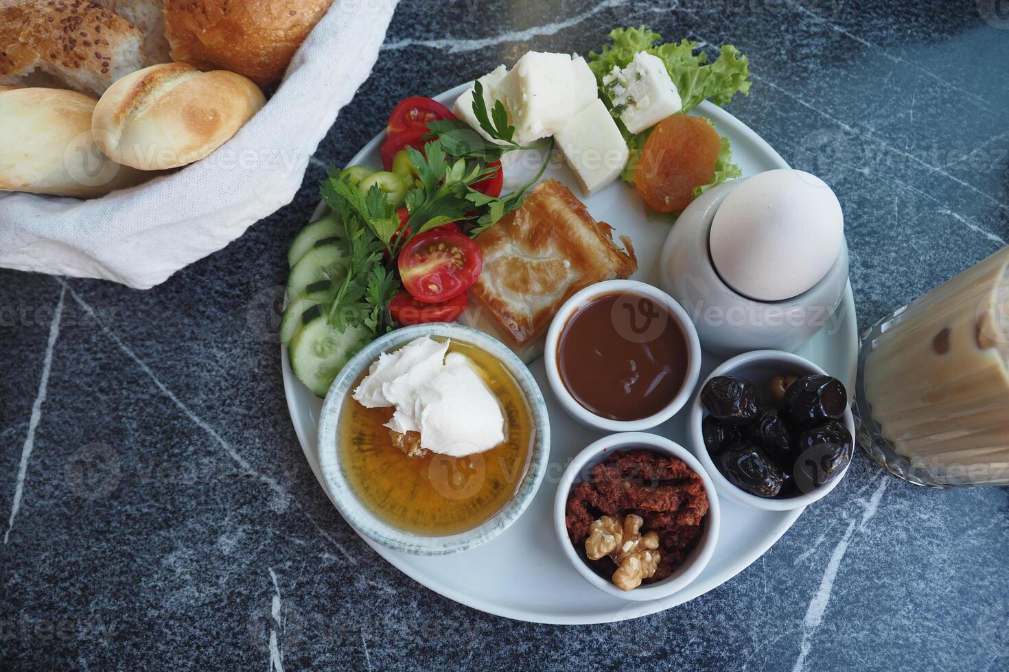 Turkish breakfast spread with various dishes and drinks photo