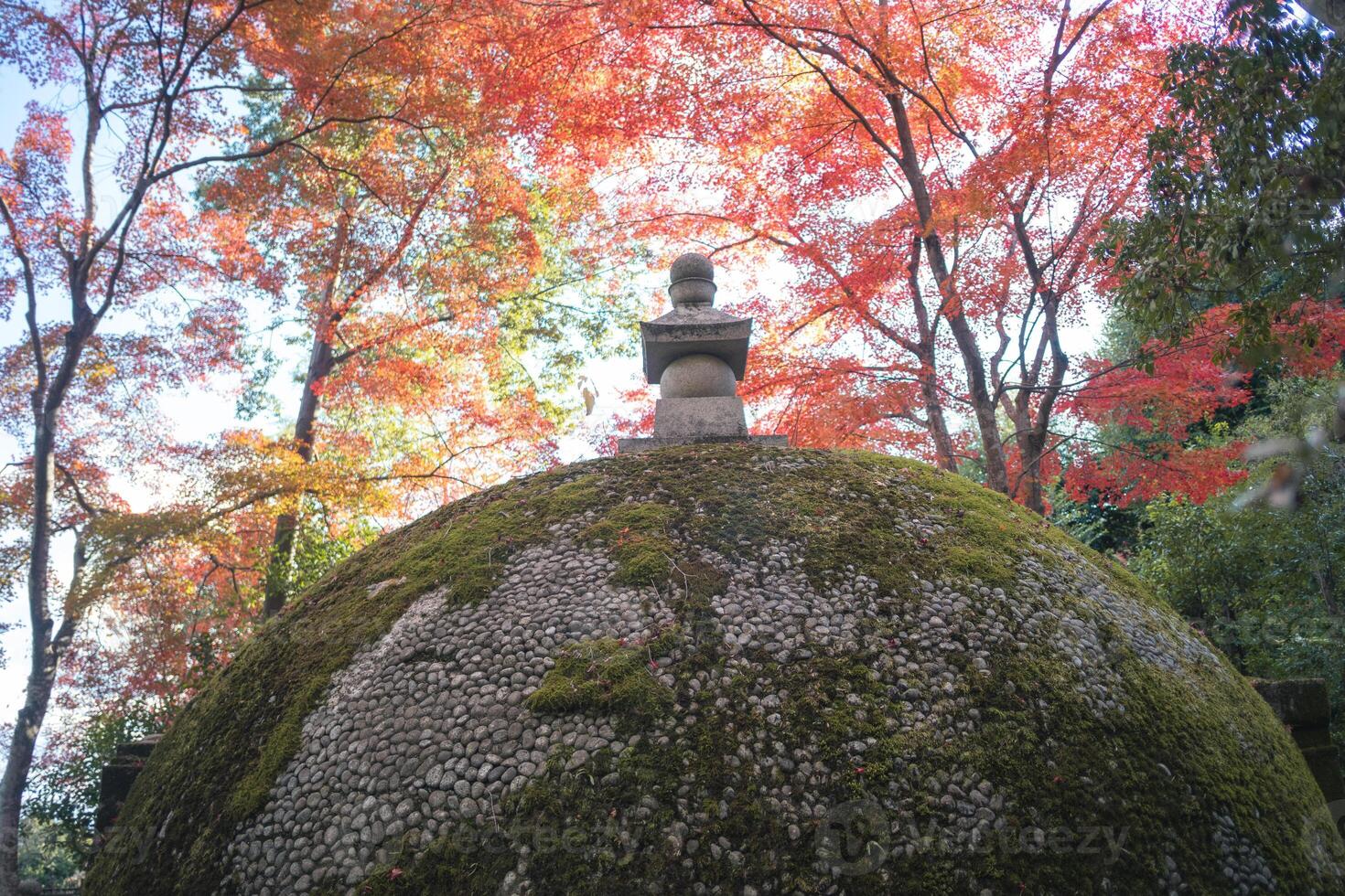Moss-covered stone structure amidst autumn foliage. Kyoto, Japan photo