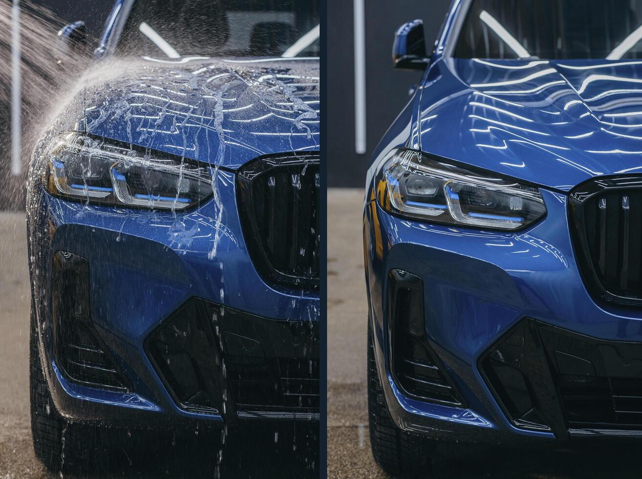 Kyiv, UKRAINE - March 10, 2025 Water is running down the car and after photo