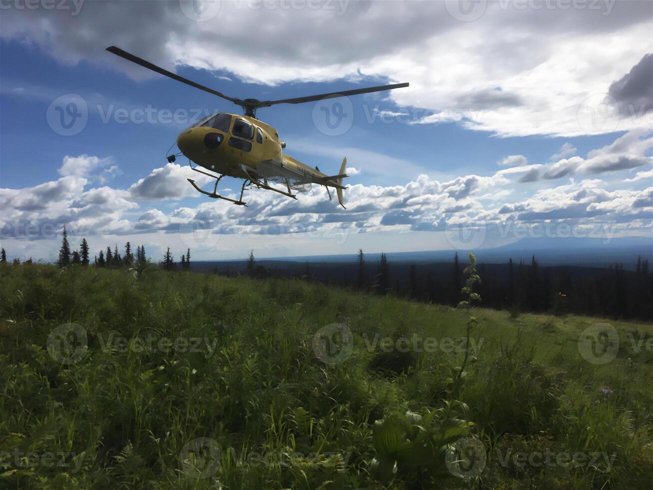 Yellow helicopter in a green landscape photo