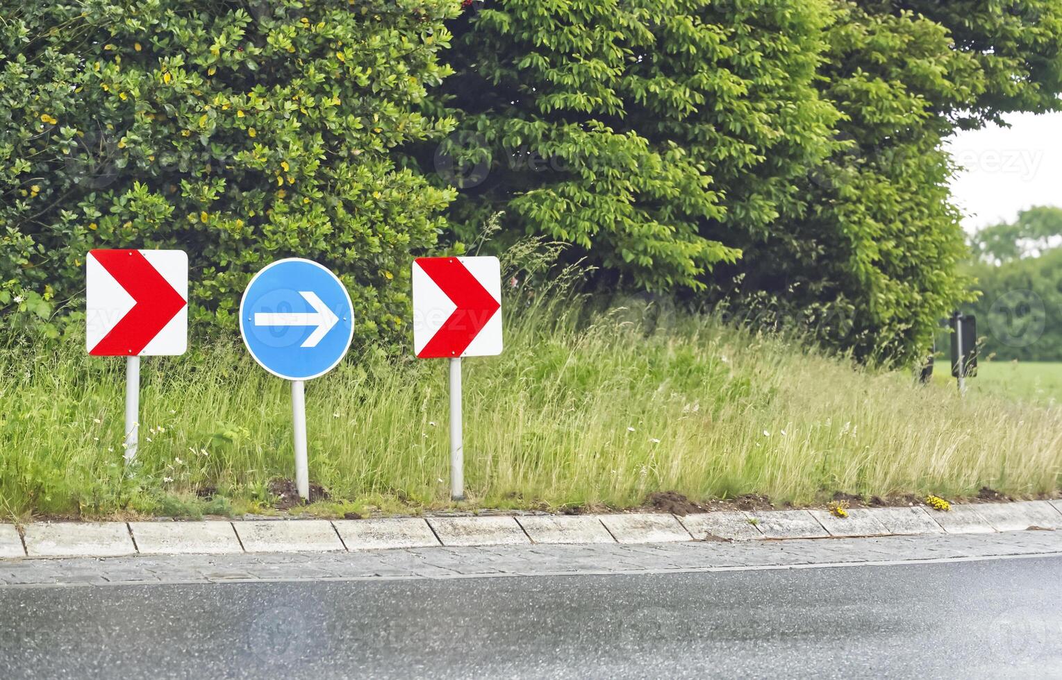 At a roundabout in Denmark, the signs show a red and white arrow and a white arrow in Blue sign photo