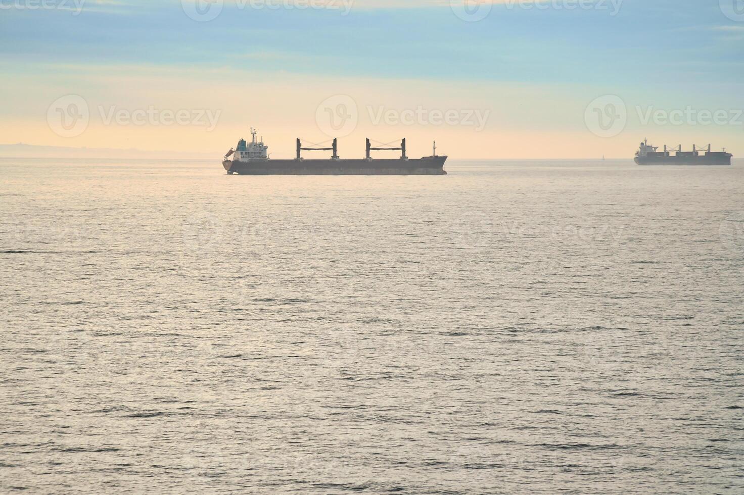 Two cargo ships glide across a calm sea under a clear sky. Minimalist photo