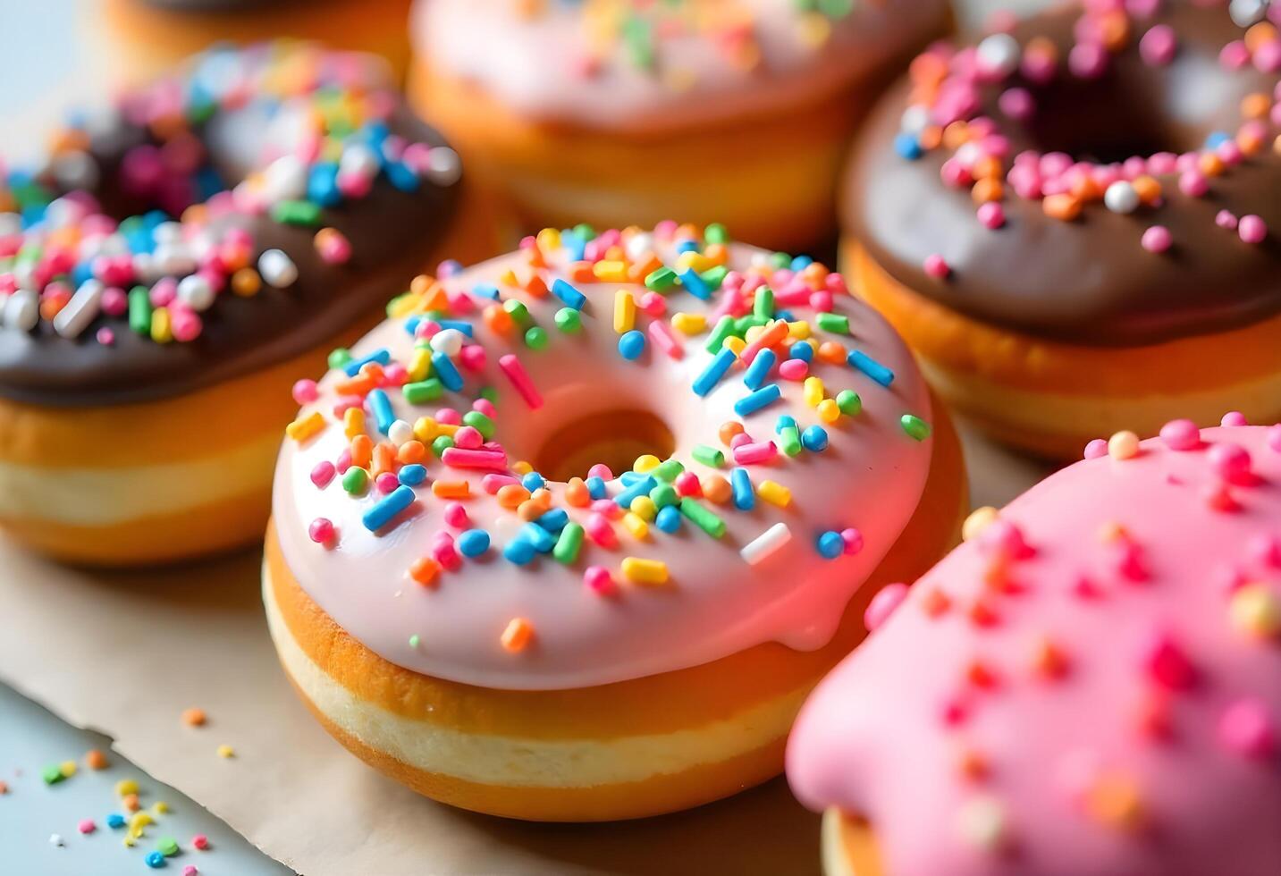 Delicious donuts with colorful sprinkles, perfect for a sweet treat photo