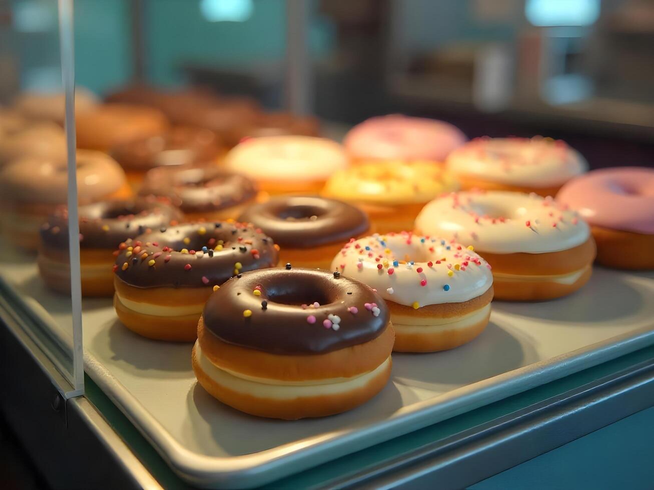 Variety of delicious donuts on display photo