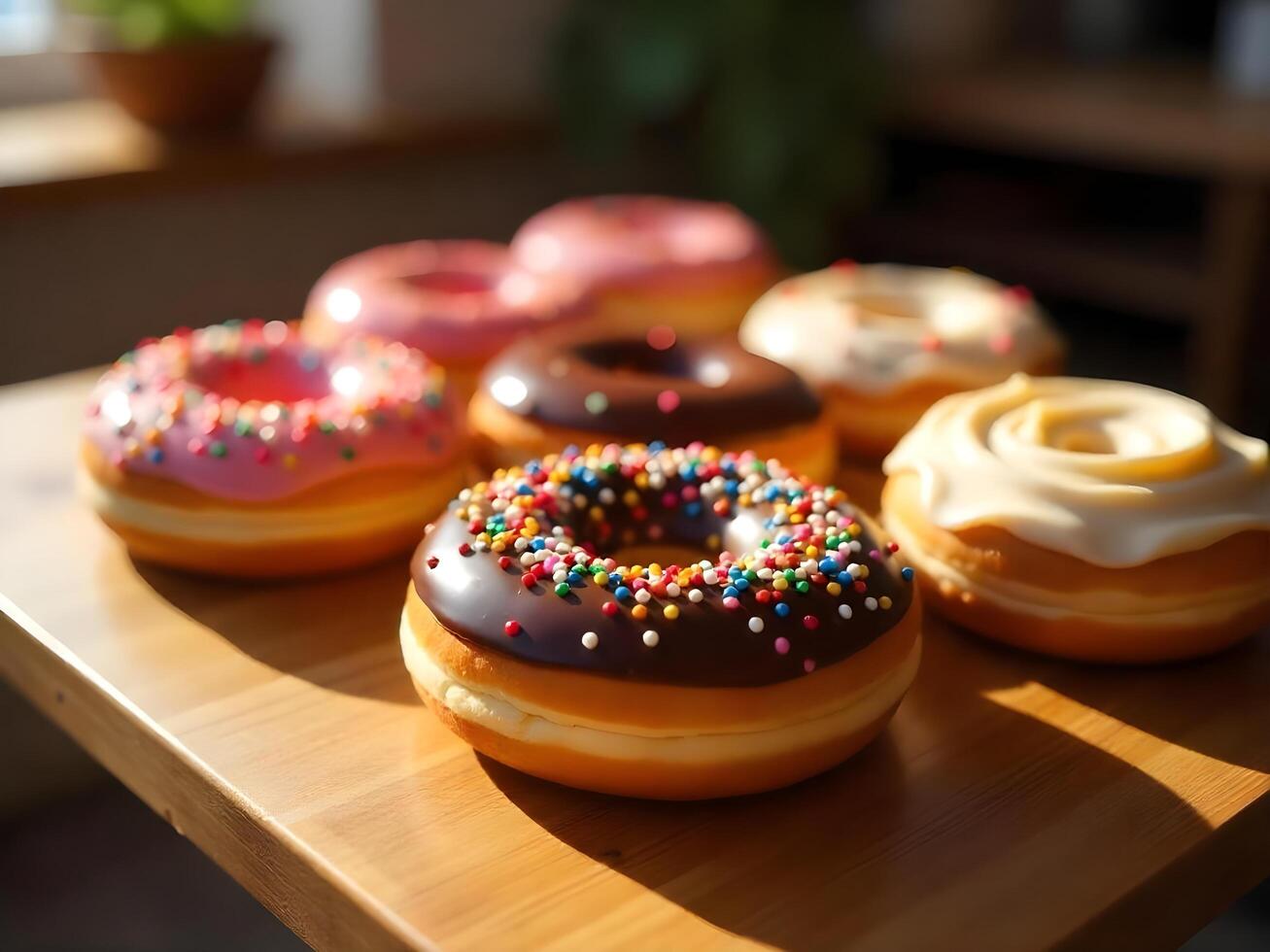 Assortment of Delicious Doughnuts with Colorful Sprinkles photo