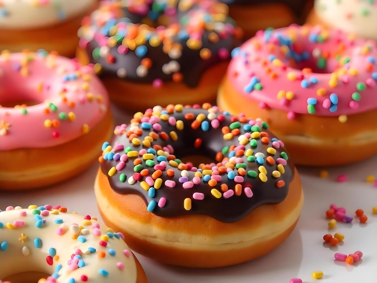 Delicious Assortment of Colorful Donuts with Sprinkles photo