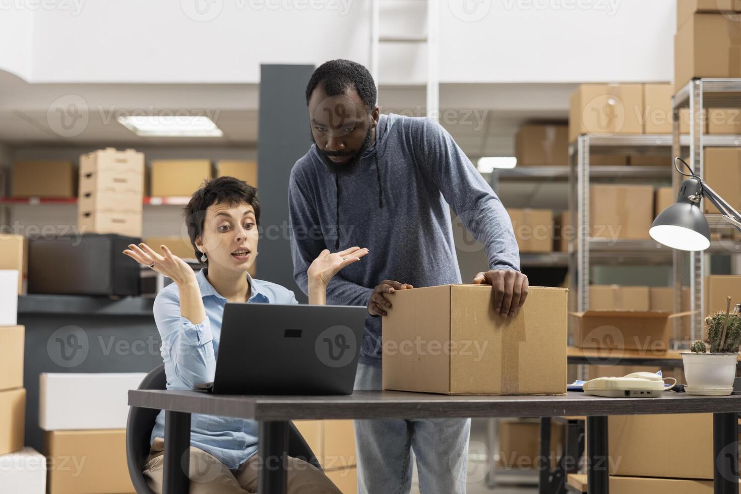 Staff members struggling with an order processing mix up in the supply room, managing distribution and getting angry due to import export trouble. Unhappy frustrated employees in depot. photo
