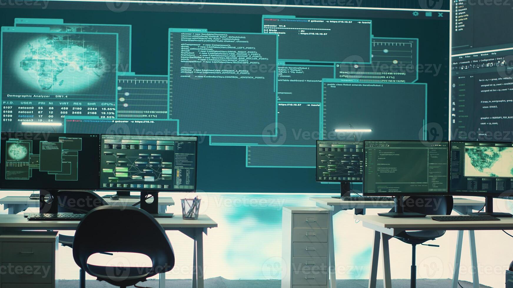 High tech governmental cyber security room without staff at work. Preventing cyber threats, phishing attacks and data breaches with advanced network security and digital protection. Camera A. photo