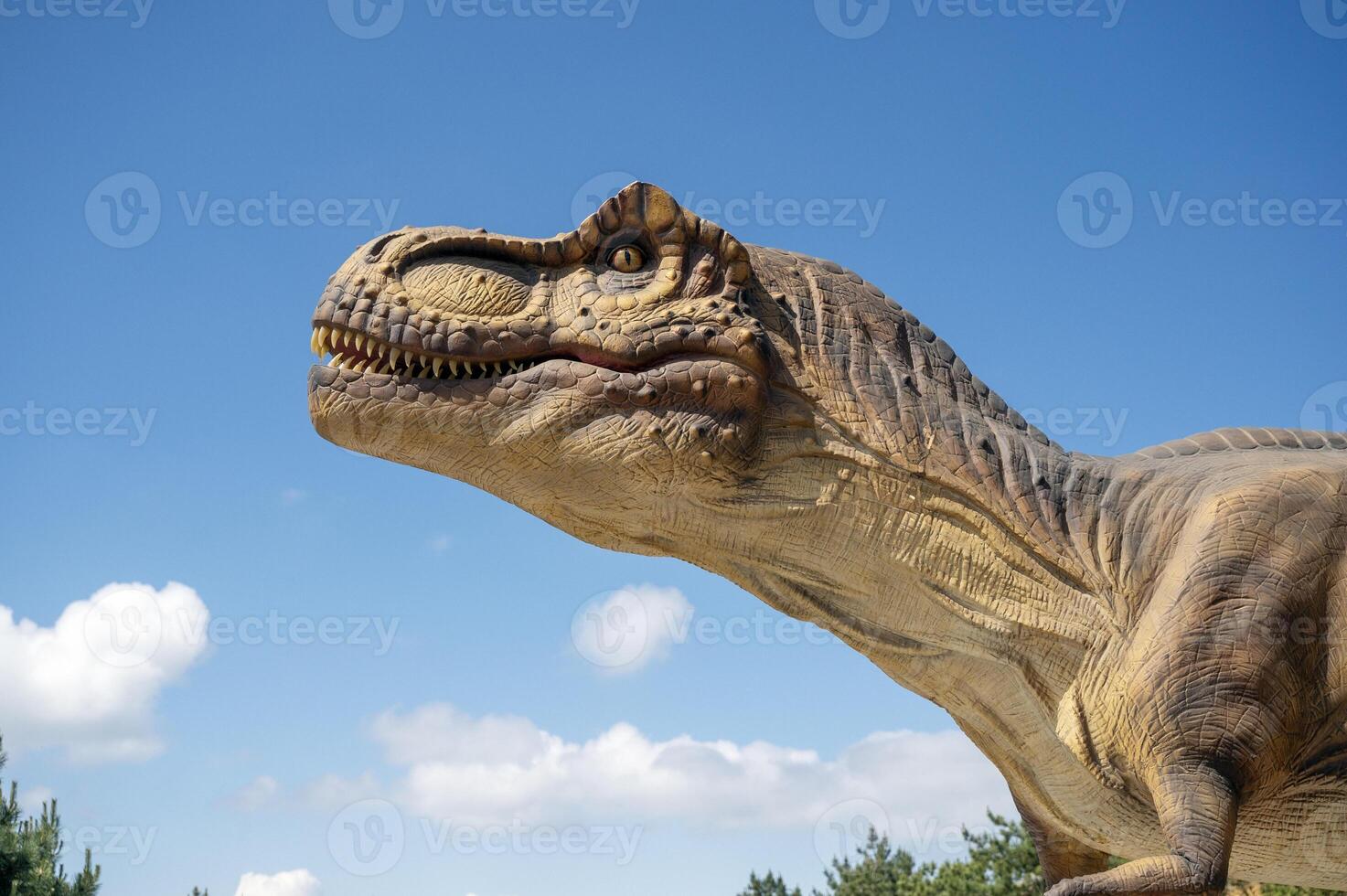 Artificial dinosaur tyrannosaurus, close-up of dinosaur head against sky. Dinosaur head close-up. With copy space. photo