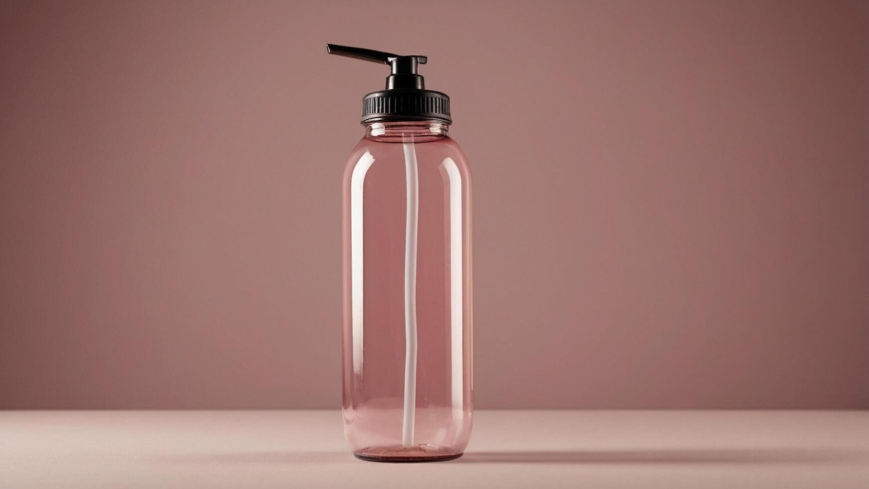 A pink plastic bottle with a black lid photo