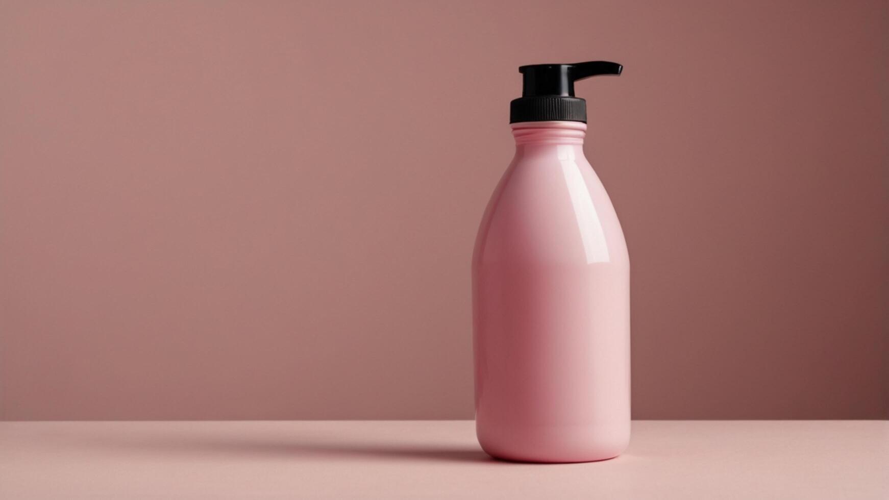 Pink plastic bottle with black lid on a pink background photo