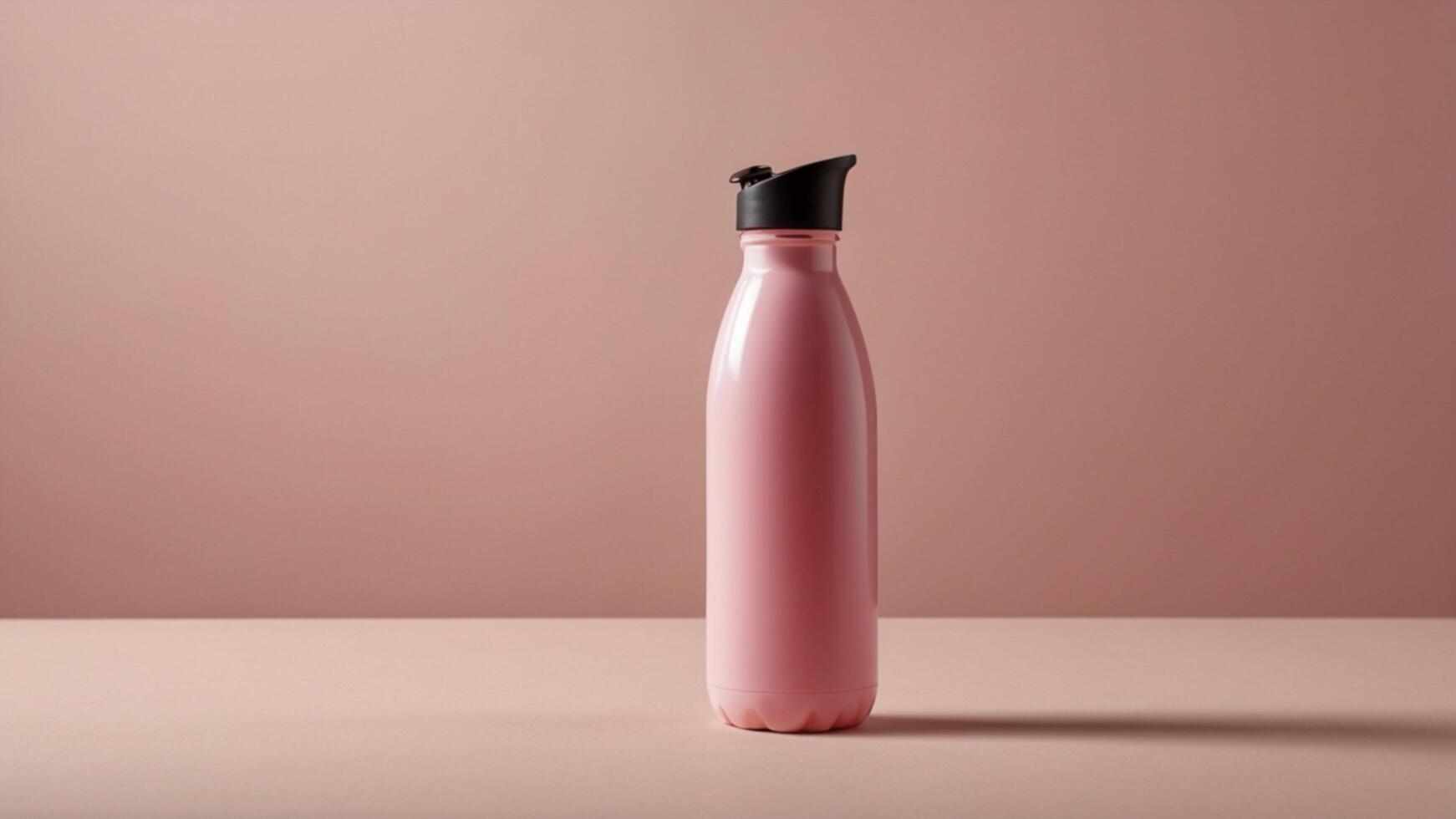A pink water bottle on a table with a black lid photo