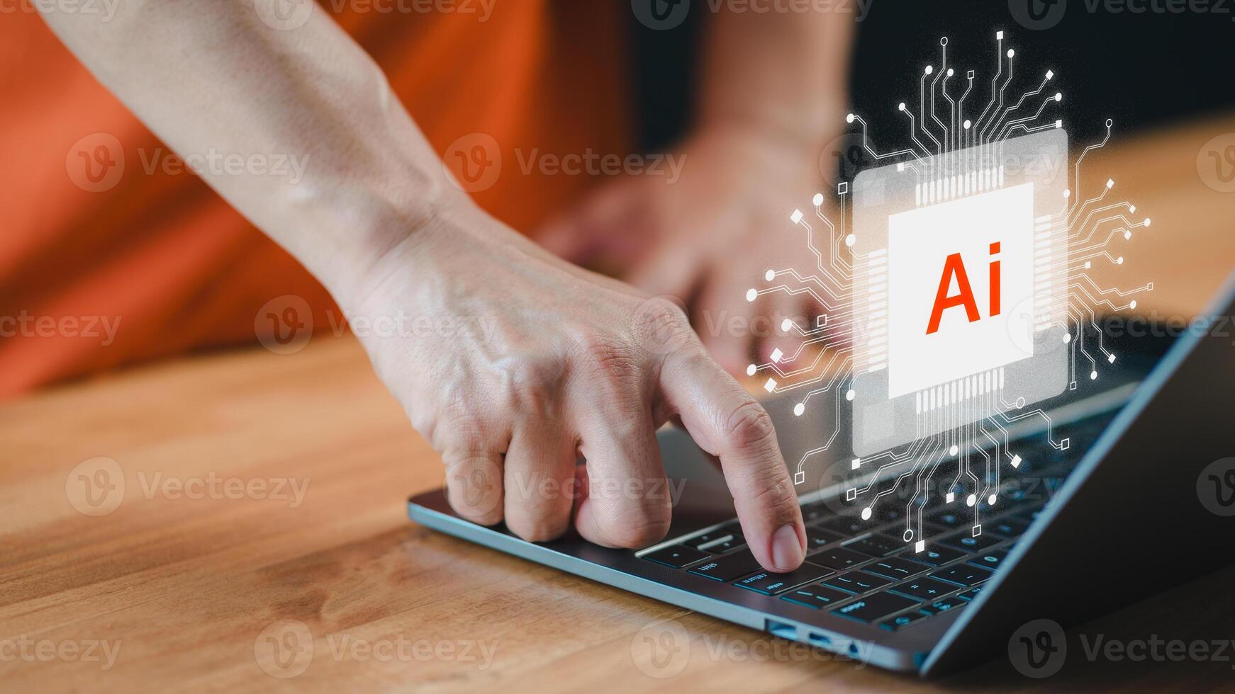 AI chat application, User use a laptop with Ai technology for global internet connect chatbot, Artificial Intelligence. Man using command prompt for generate something in design. photo