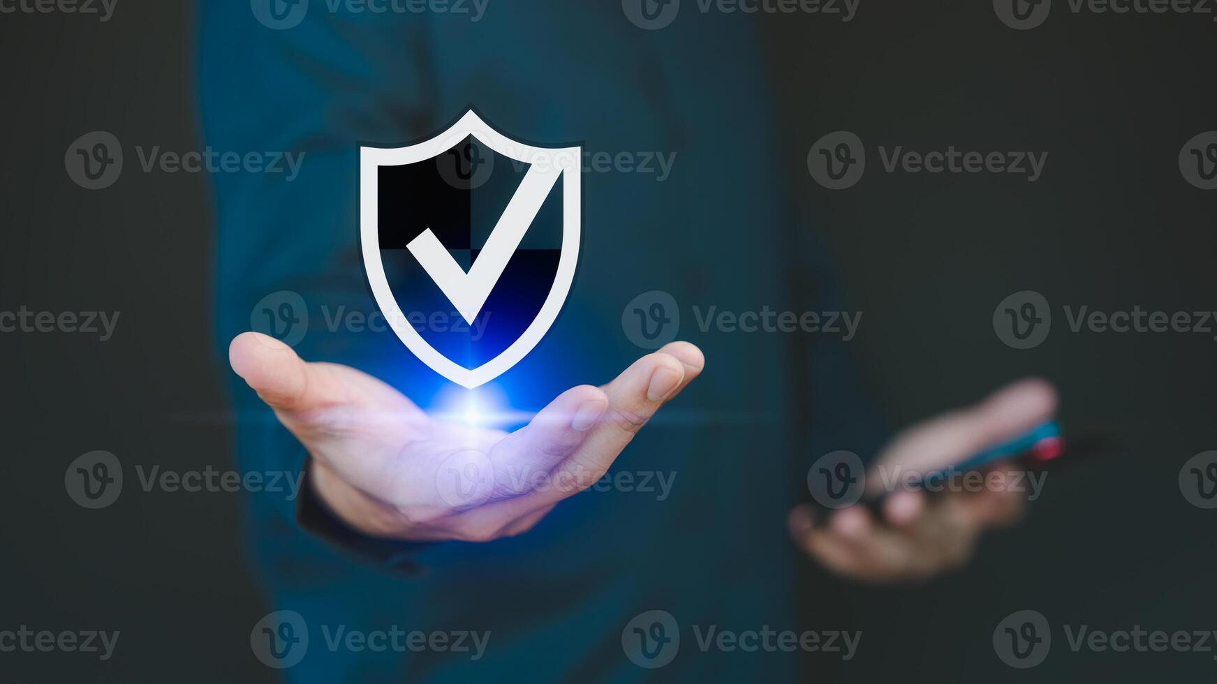 Displaying on a virtual screen, user showcases identity proofing icon for security protection, emphasizing the quality assurance of business services and certified guarantee approval for secure access photo