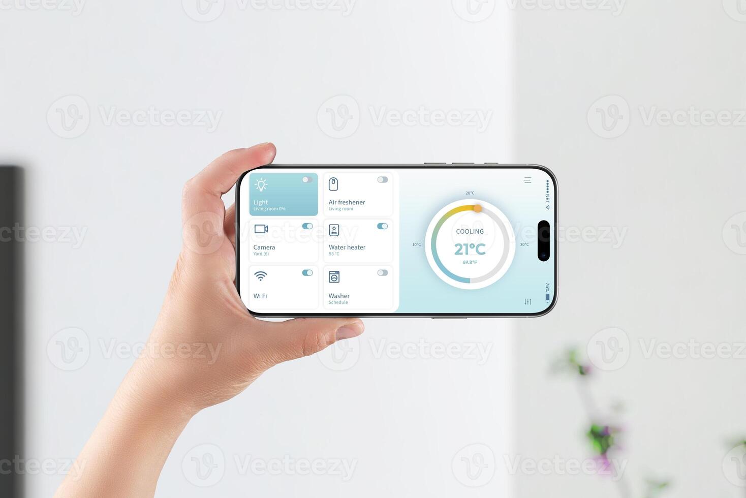 Horizontal smartphone view with smart home dashboard showing cooling, camera, and device status photo