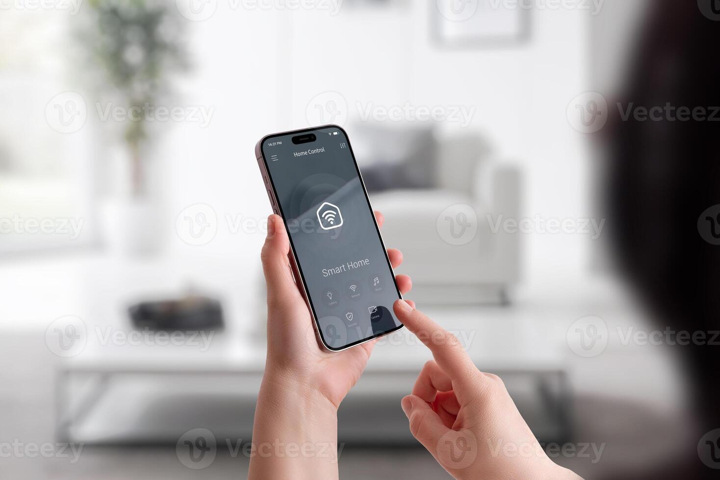 Woman interacting with smart home interface on mobile phone in modern interior environment photo
