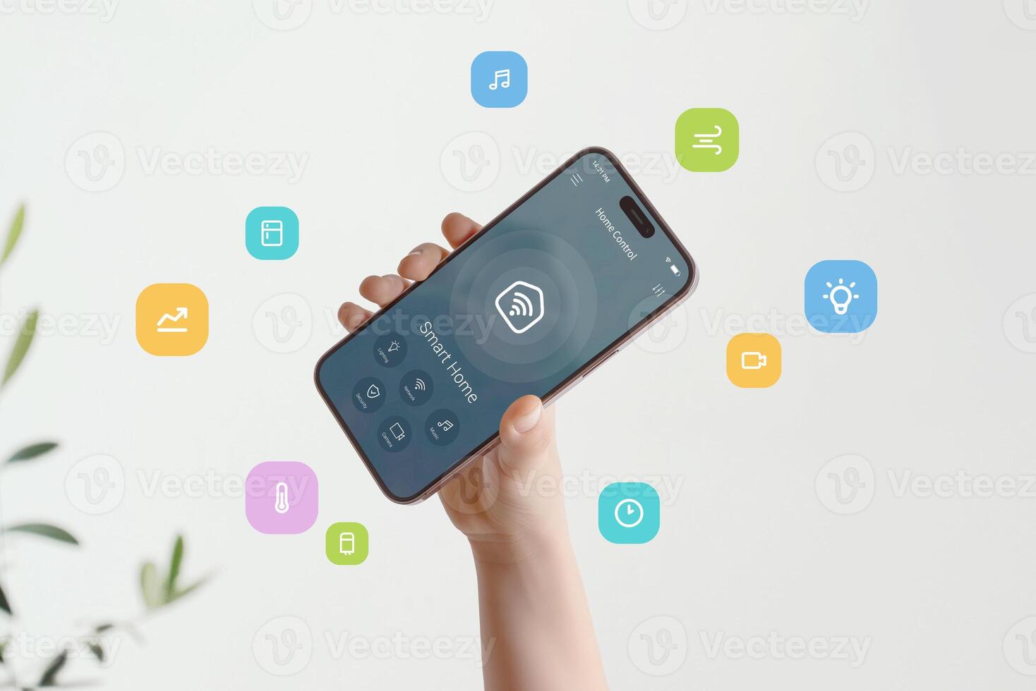 Smart home interface featuring multiple home automation functions visualized through bright graphic elements flying around phone photo