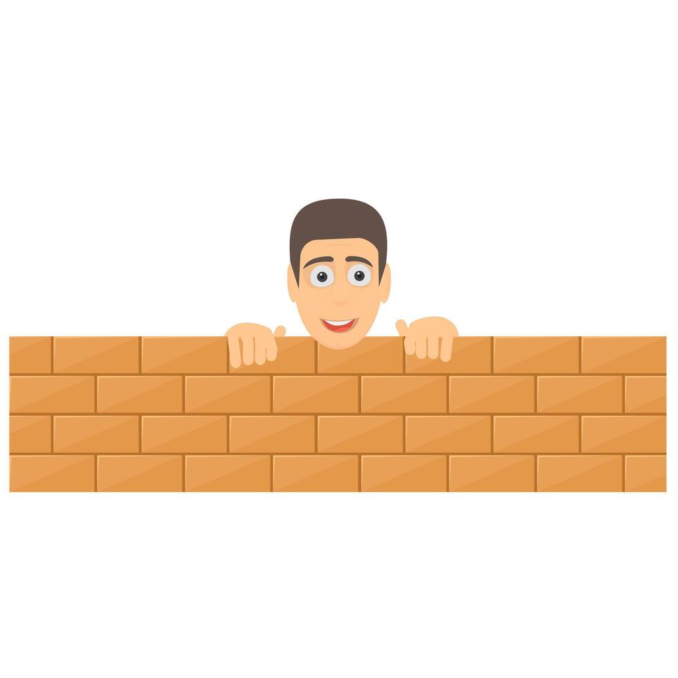 Man peering out from behind a wall. Human head view vector