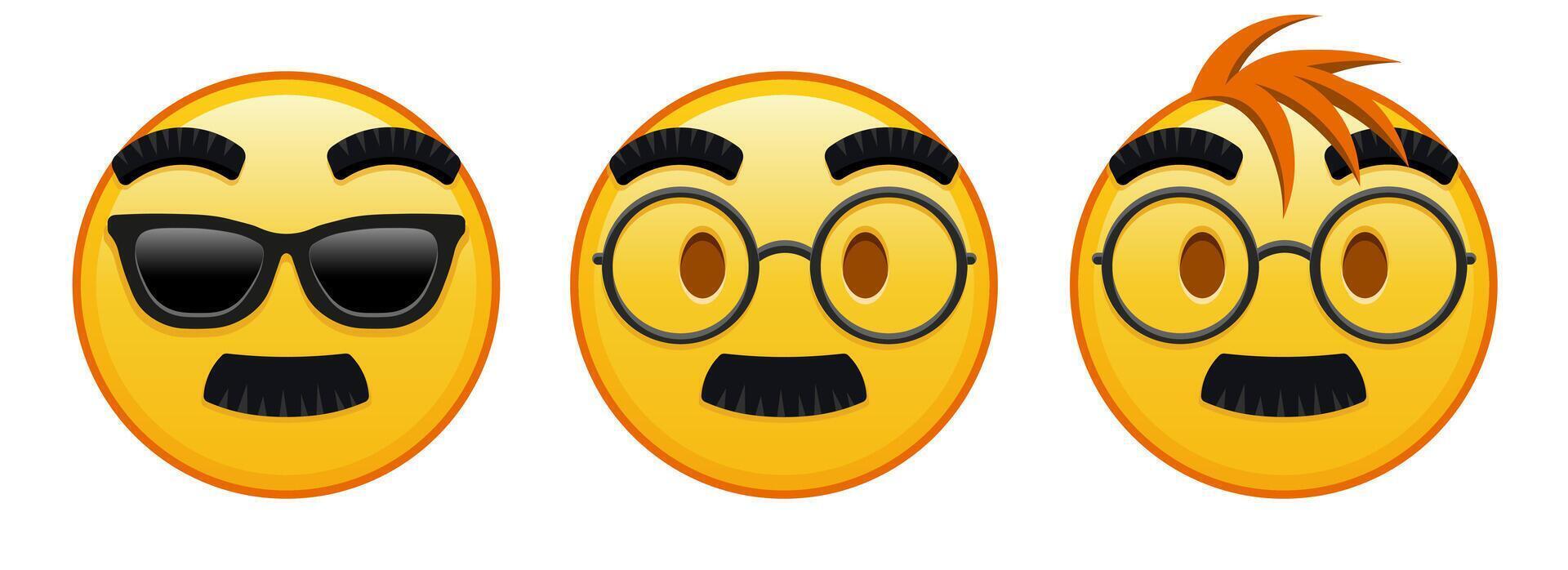 Face with glasses and mustache Set of three emoji vector