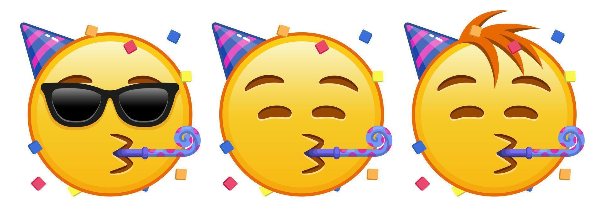 Face with a festive horn and cap Set of three emoji vector