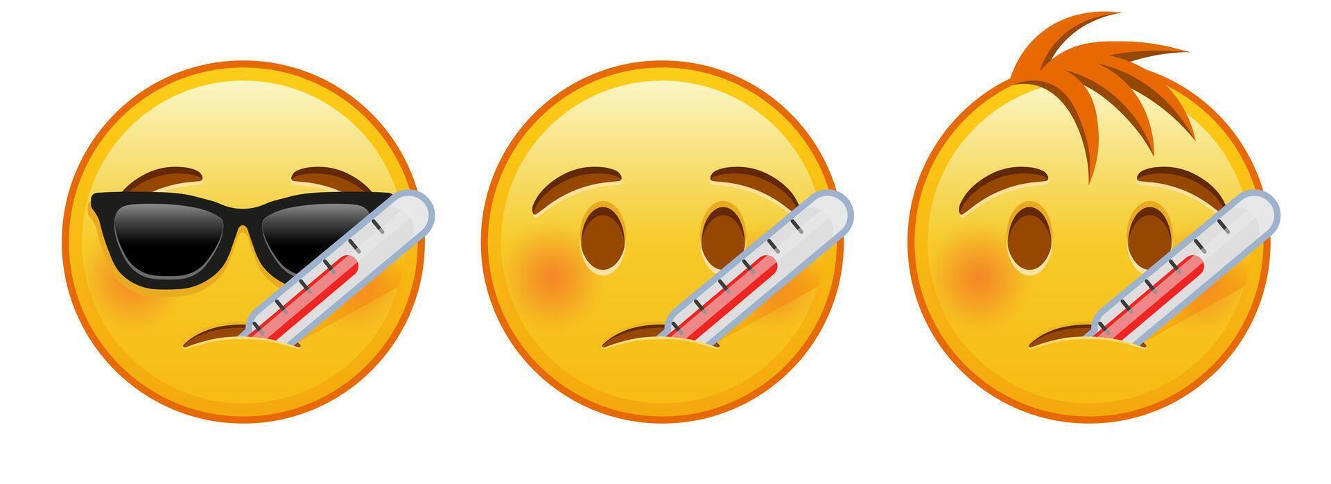 Yellow face with thermometer Set of three emoji vector