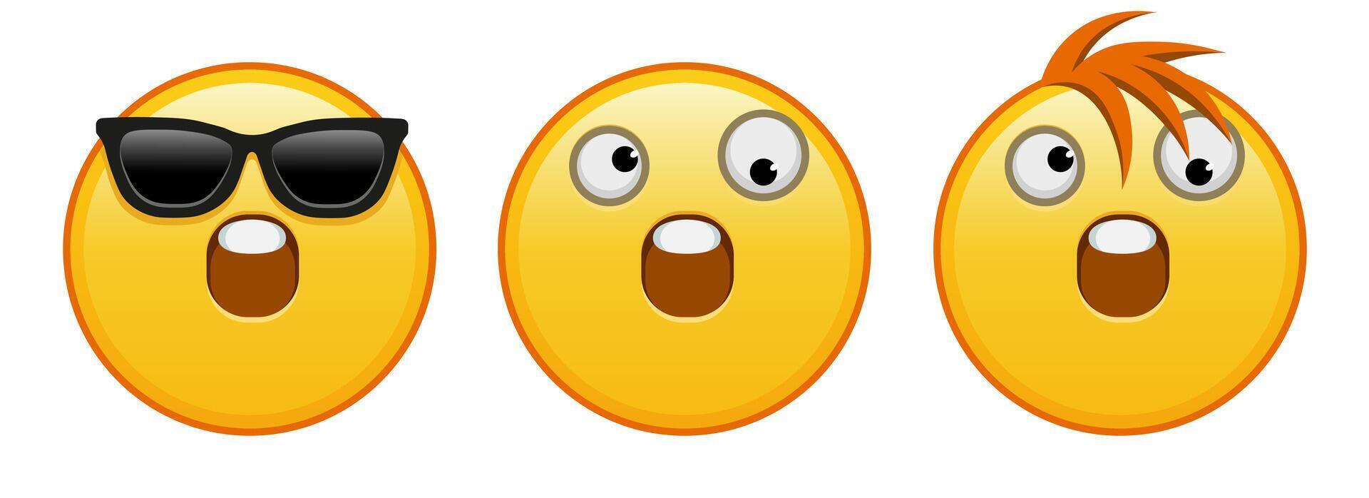 A grinning face with one large and one small eye Set of three yellow emoji vector