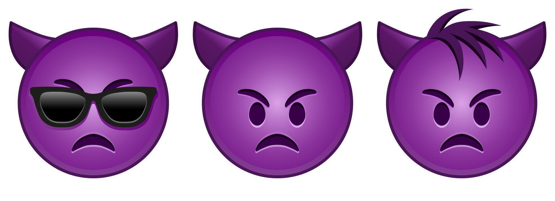 Angry purple face with horns Set of three emoji vector