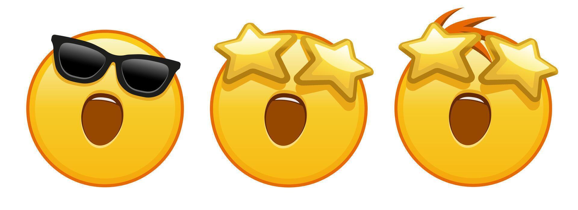 A grinning face with starry eyes Set of three emoji vector