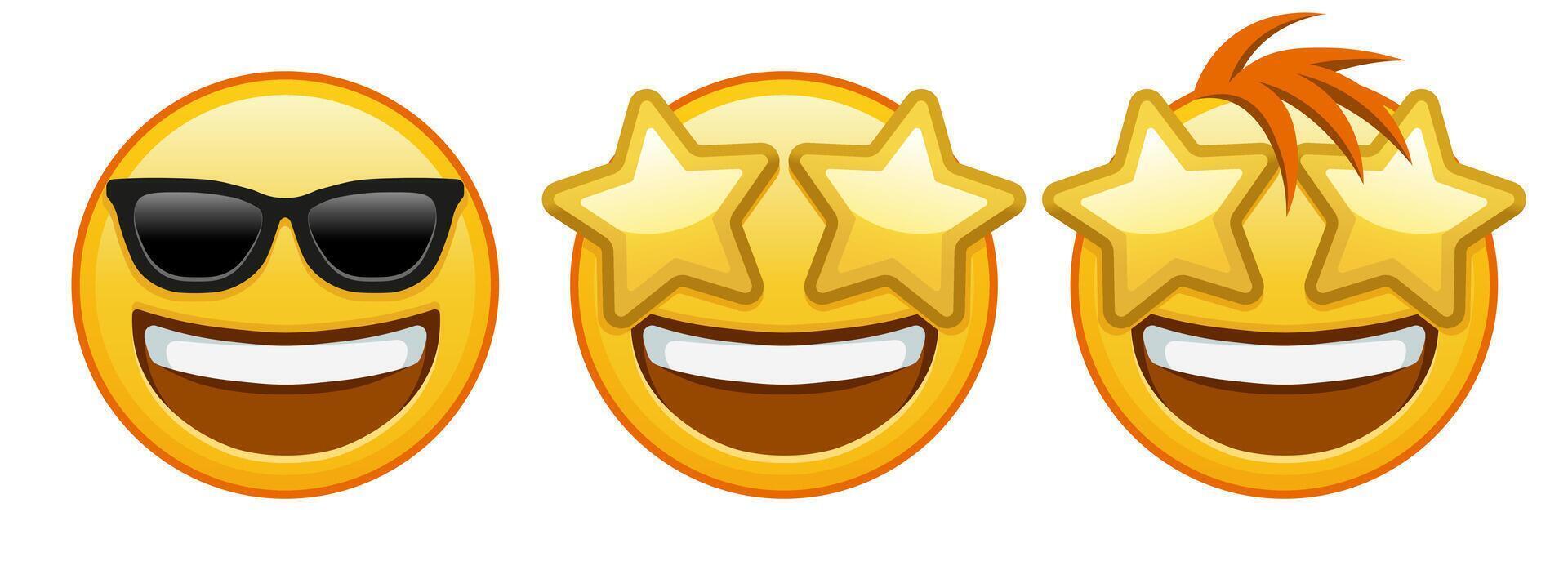 A grinning happy face with starry eyes Set of three emoji vector