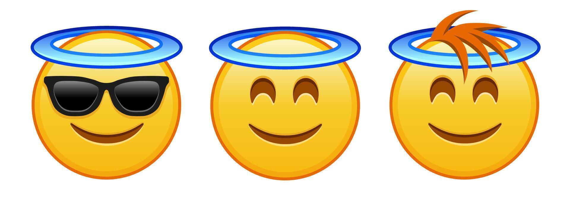 Smiling face with halo above head Set of three yellow emoji vector