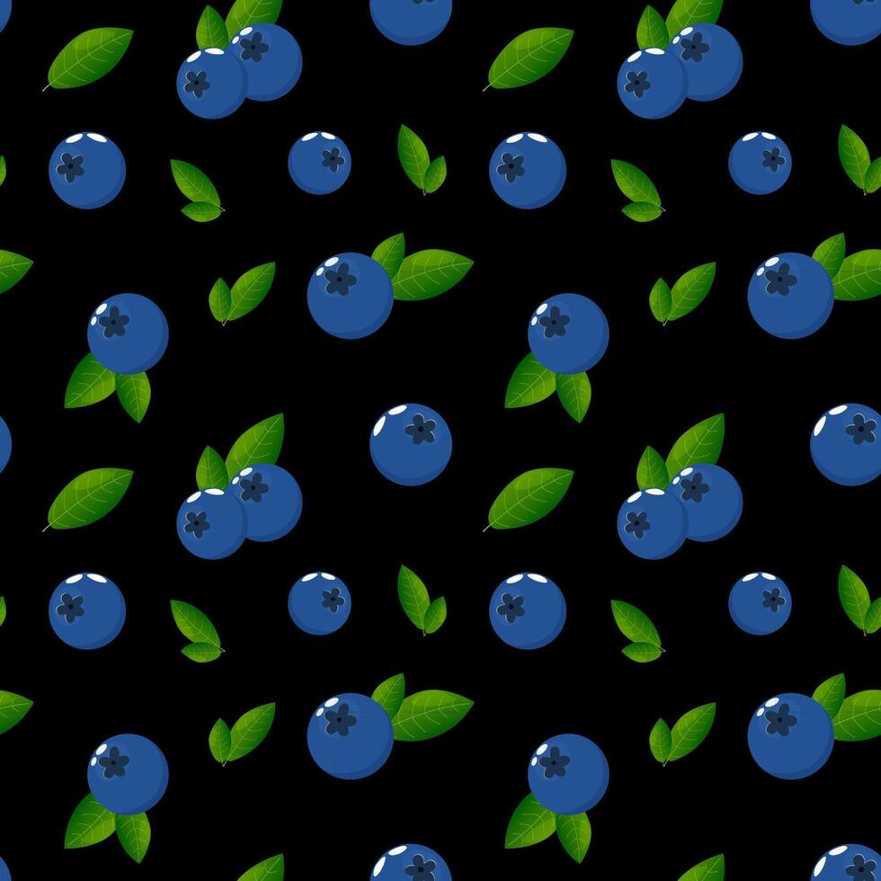 Cartoon blueberry seamless pattern on a black background, . Background, textile, summer pattern, flat, summer berries vector