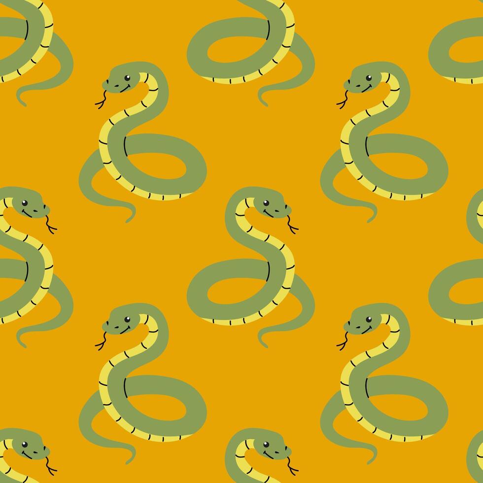 Seamless pattern with snakes in doodle style on an orange background. Design for textile, wrapping paper, background vector