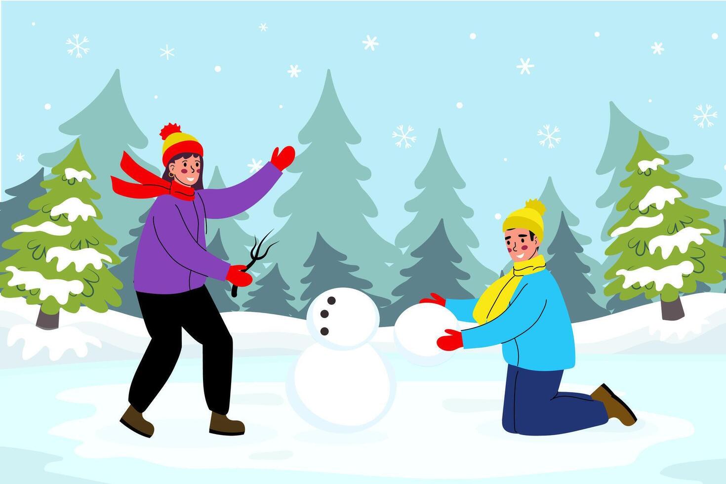 People make a snowman, winter games. Background for design. Illustration in flat style vector