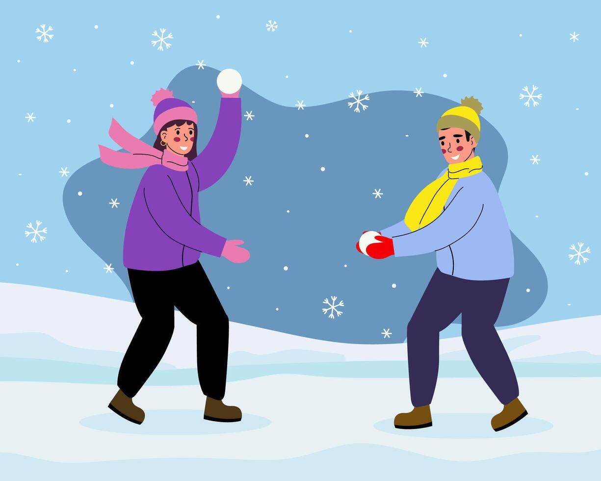 Happy guy and girl playing snowballs, Fun winter games., Christmas card. illustrations in cartoon style. vector