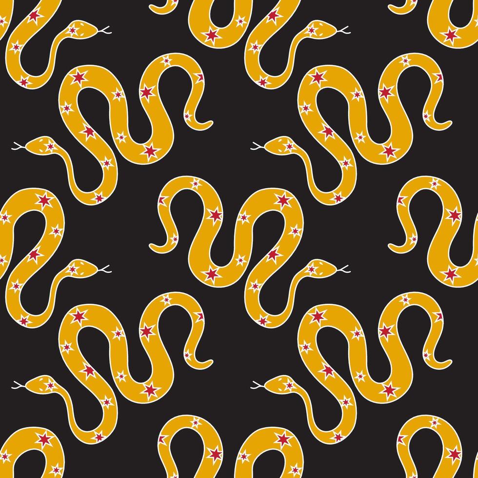 Doodle-style illustration of a snake on a black background, symbolizing the upcoming 2025 year in the Chinese zodiac. Seamless pattern, design for wrapping paper, scrapbooking, textile vector