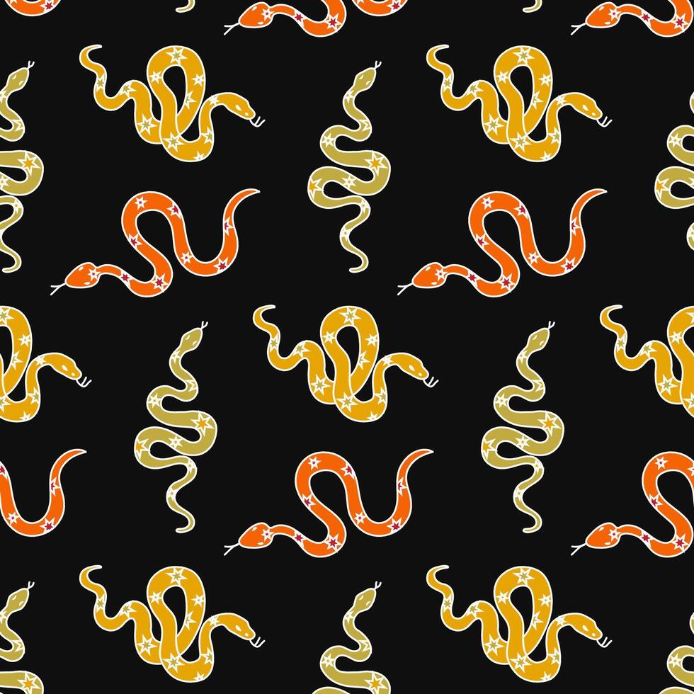 Doodle-style illustration of a snake on a black background, symbolizing the upcoming 2025 year in the Chinese zodiac. Seamless pattern. vector