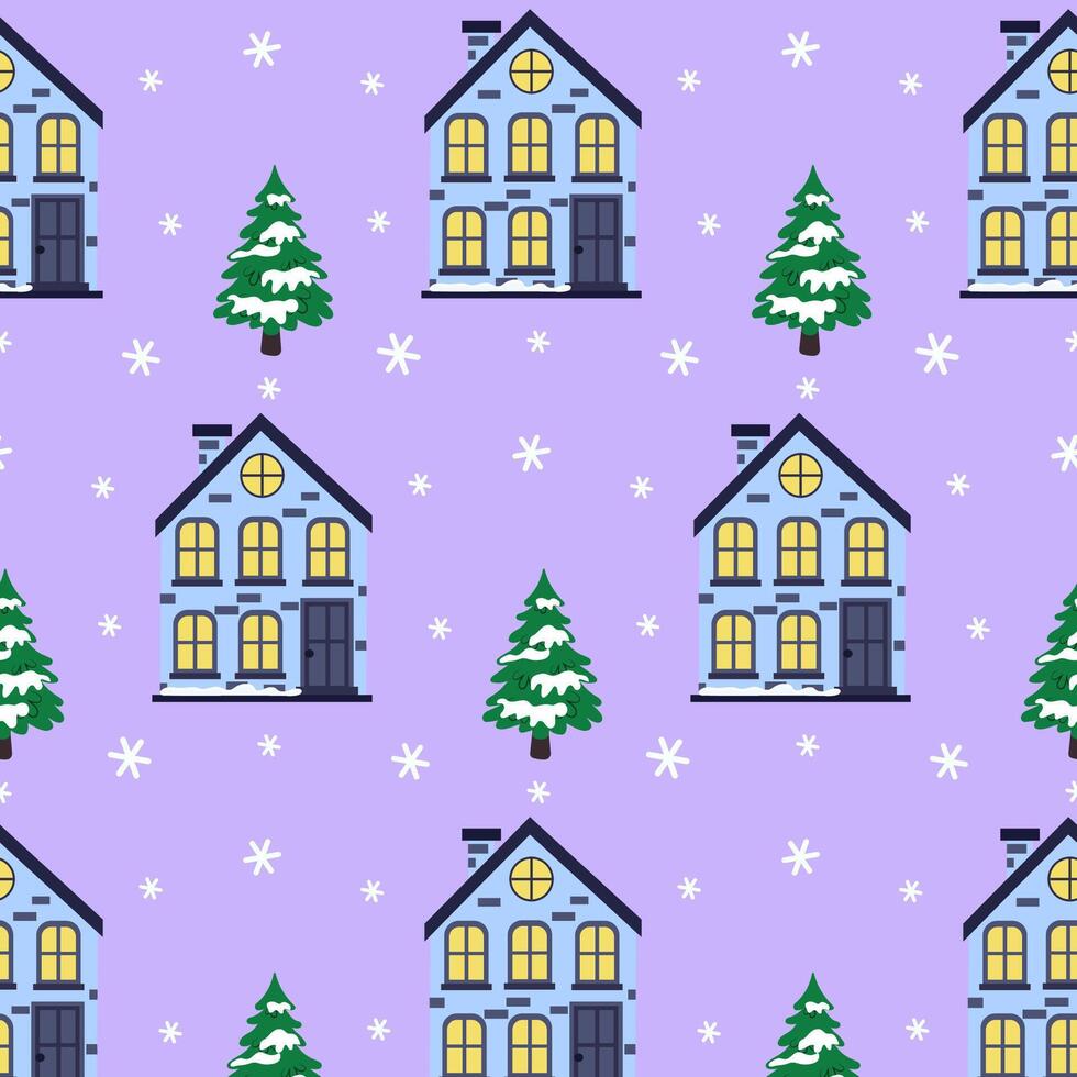 Seamless pattern with cute houses and fir trees, snowflakes on a pink background. Festive winter background for design. illustration in flat style. vector